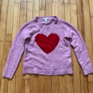 Cupcakes and Cashmere Pink Heart Sweater Cozy Knit Crew Neck Pullover XS